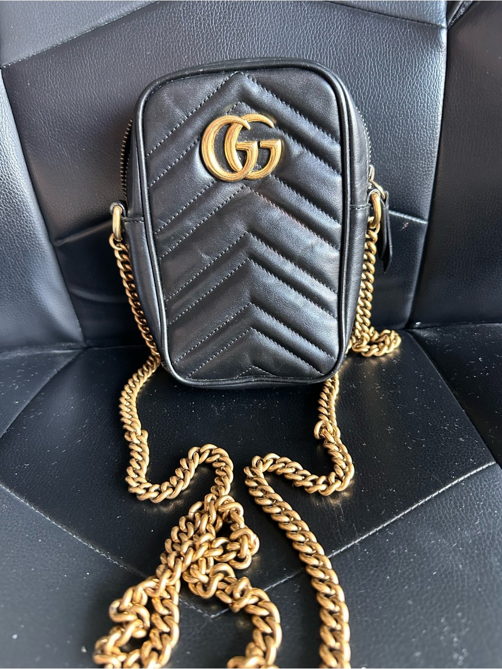 Gucci Black Chevron Matelassé Mini Crossbody with Gold GG